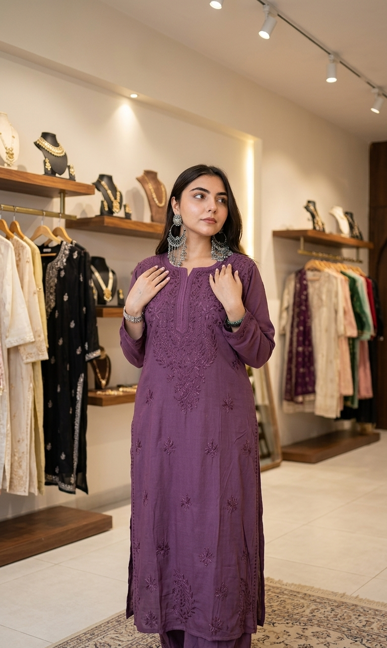 Vine Lucknow Chikankari Kurti and Palazzo Set – Fine Handcrafted Chikankari on Soft Rayon Fabric