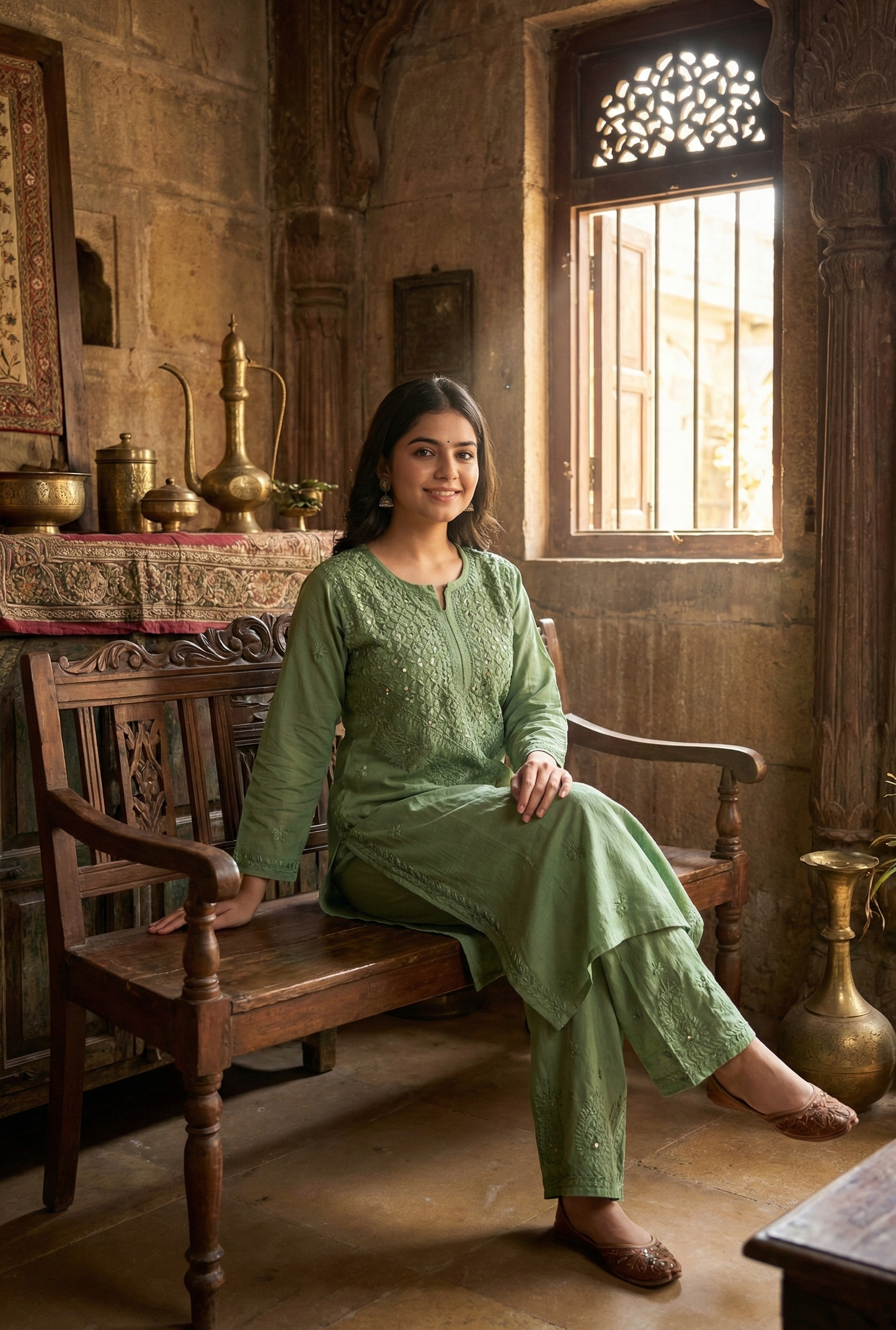 Suhana Cotton Chikankari Kurti with Palazzo | Fine Handcrafted Chikankari & Mukaish Work | Vintage Chikankari