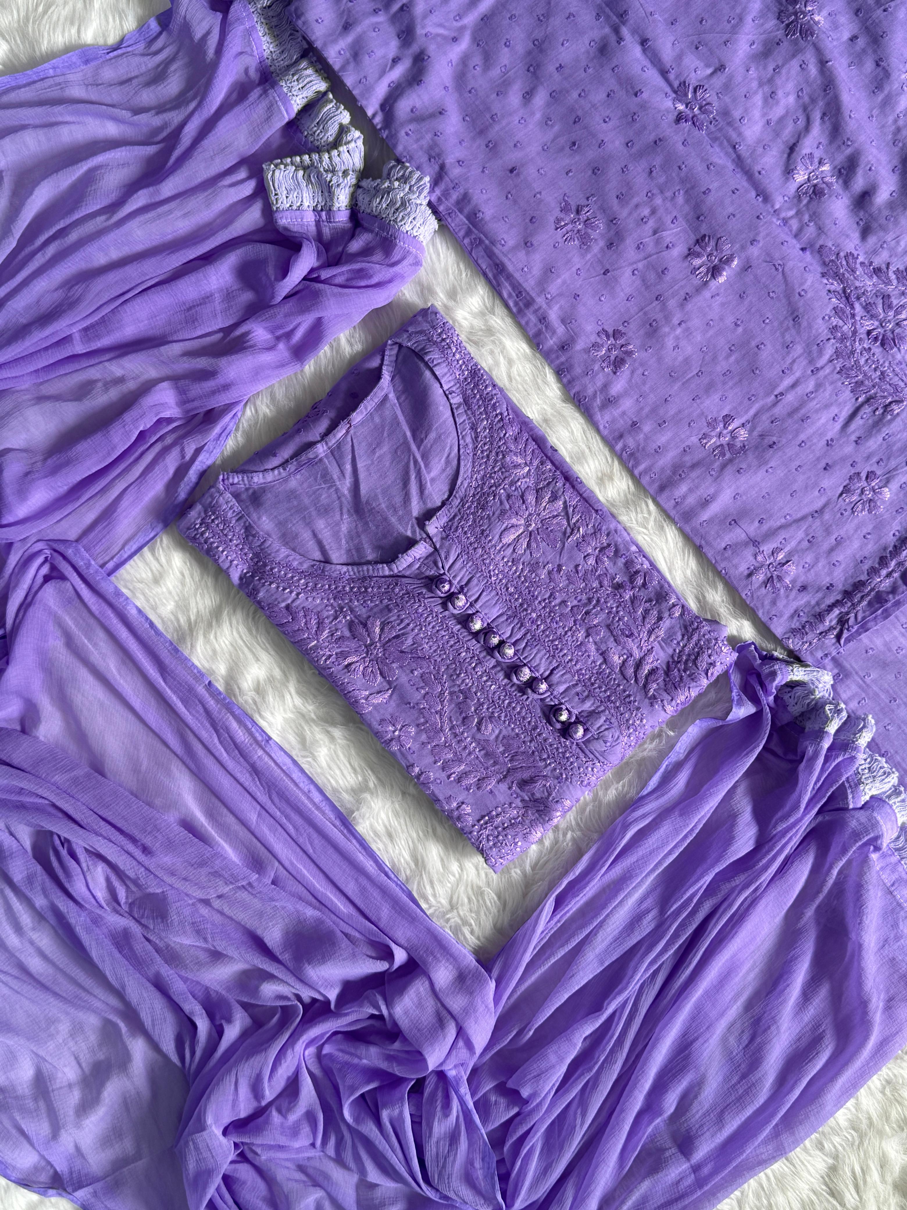 Dobby Cotton Lucknowi Chikankari Kurti Palazzo Dupatta Set with Fine Handwork Chikankari and Dobby Dots Beauty