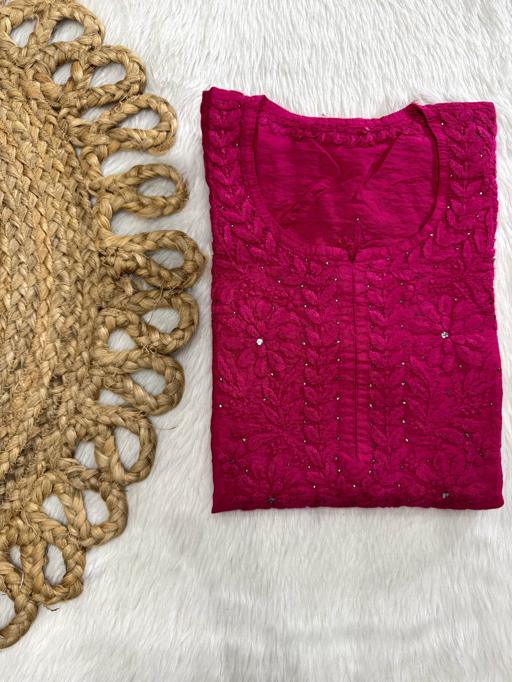 Azra Vintage Chikankari Chanderi Kurti – Tone-to-Tone Thread Chikankari & Kamdani | Handcrafted Lucknow Chikankari